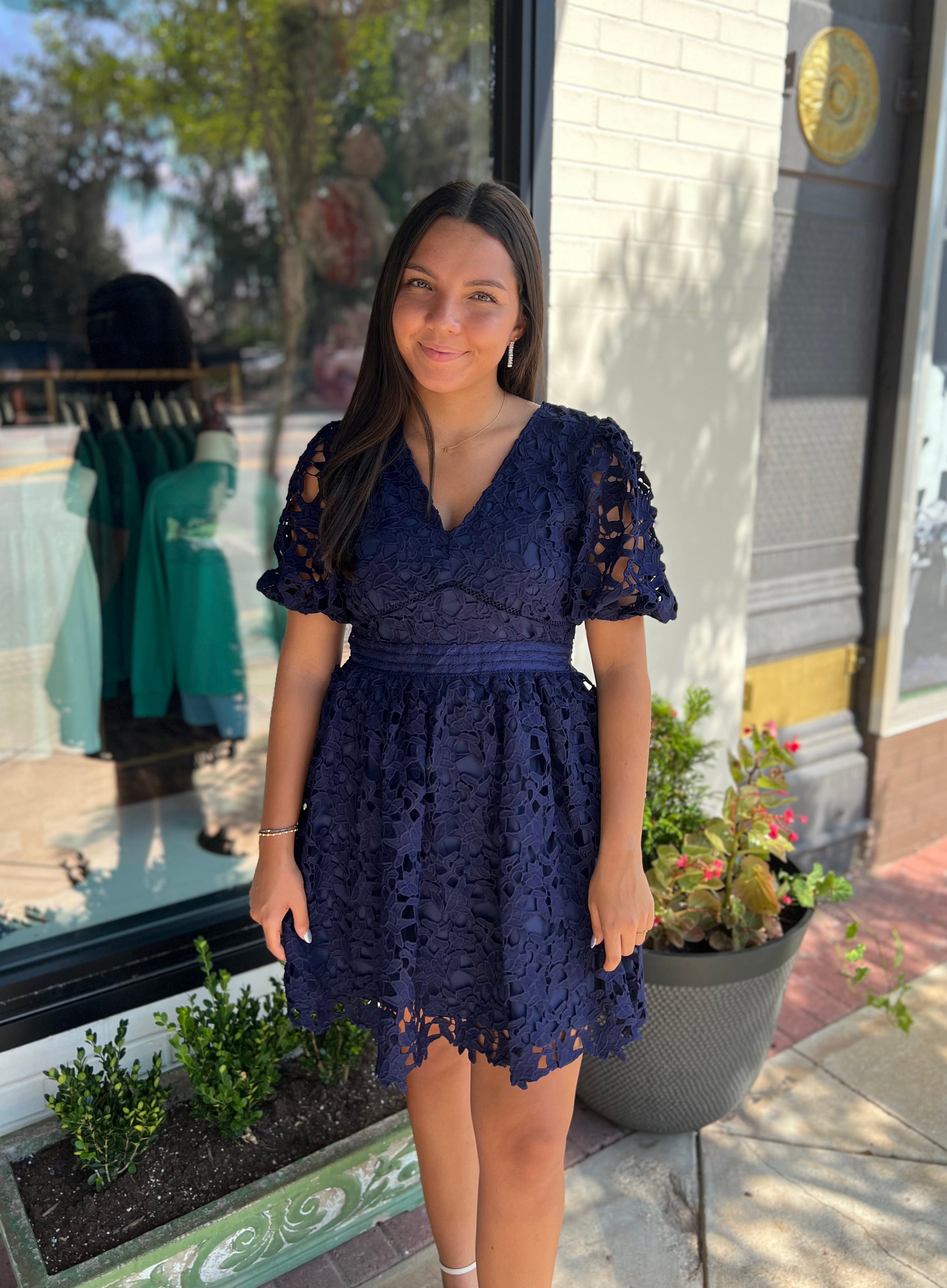 The Maggie Lace Puff Sleeve Dress -Navy *Final Sale*