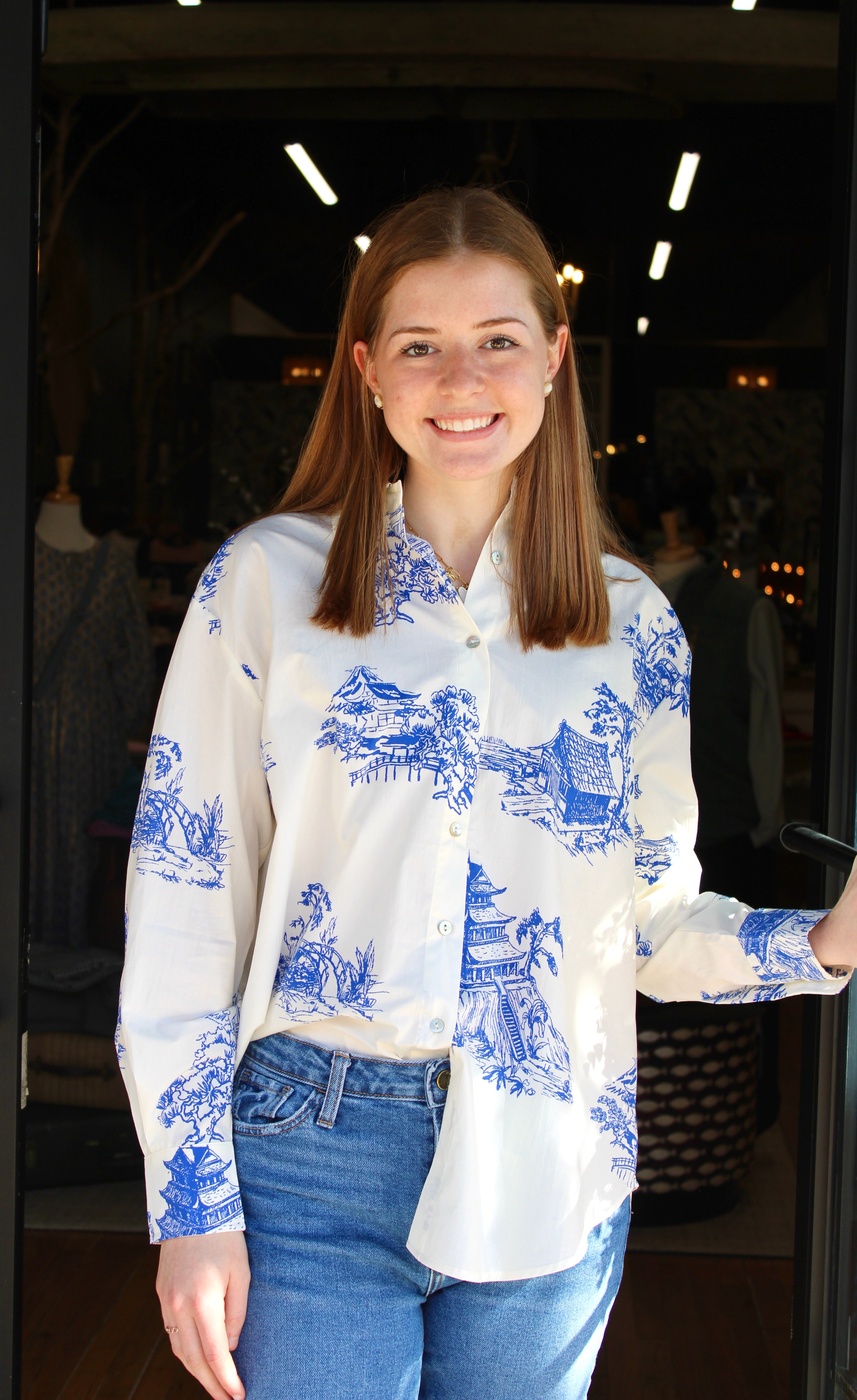 The Sarah Blouse (Ivory/Blue)