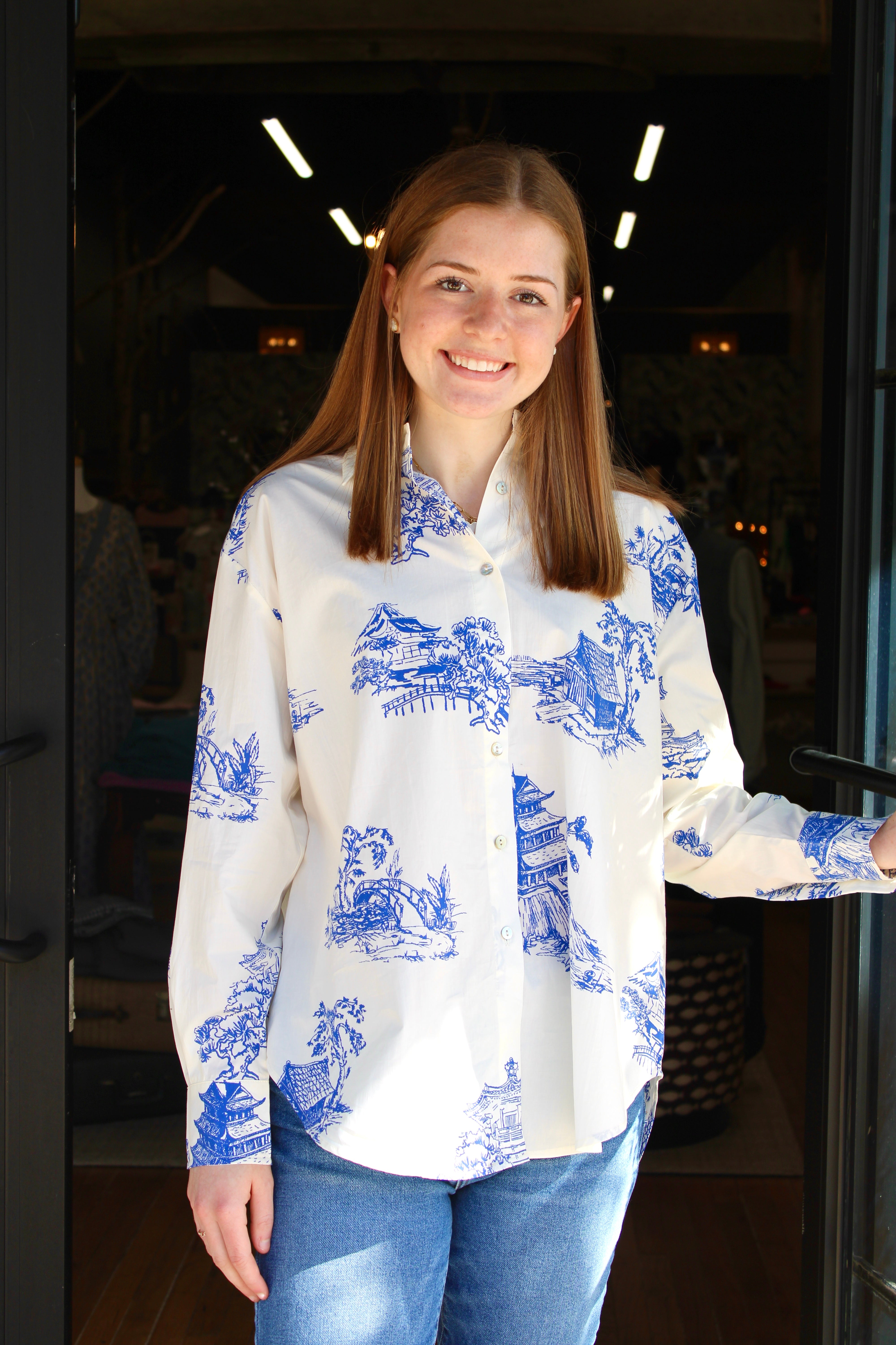 The Sarah Blouse (Ivory/Blue)