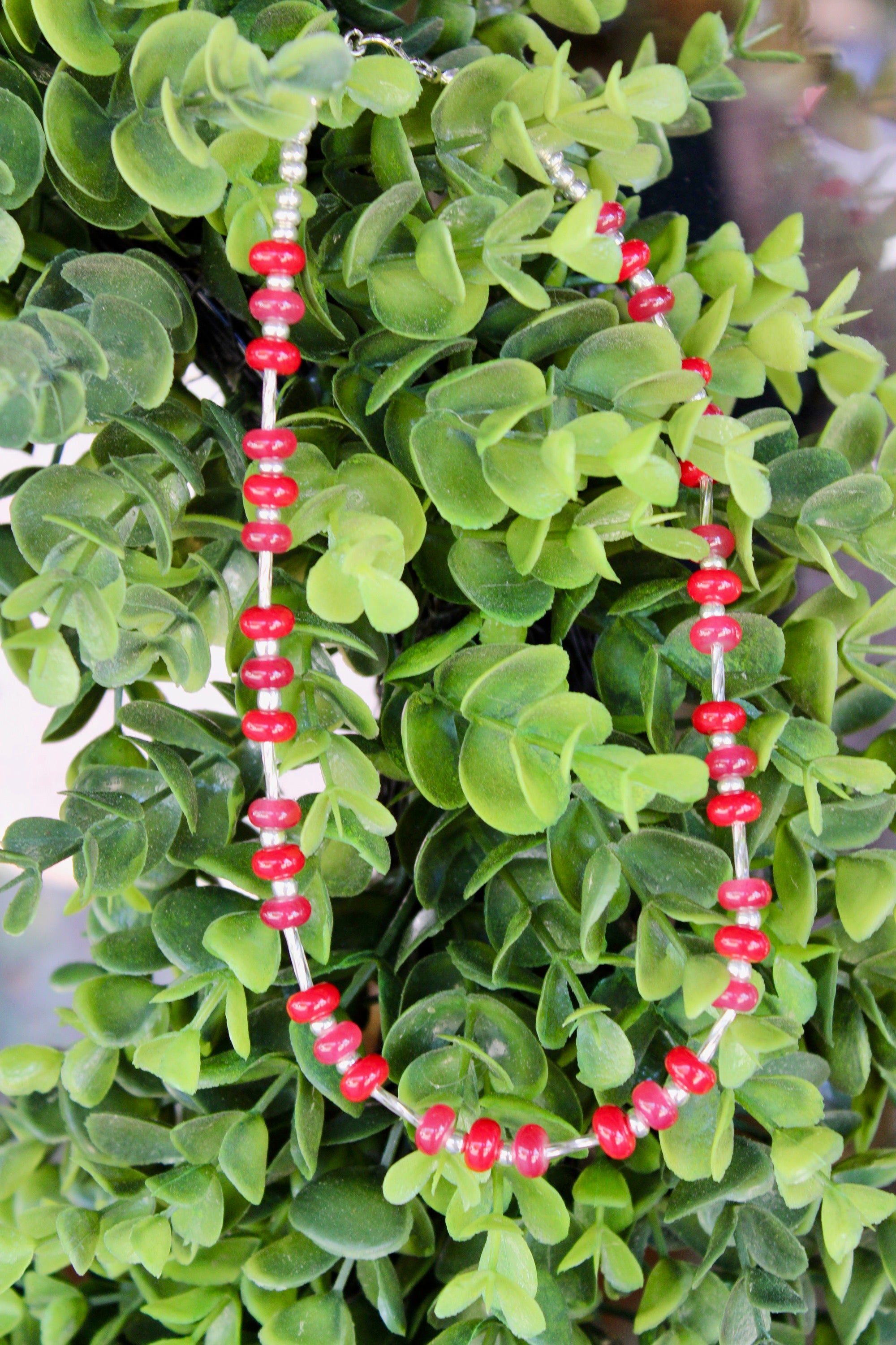 Stamped On Flint - Silver Beaded Necklace (Red)