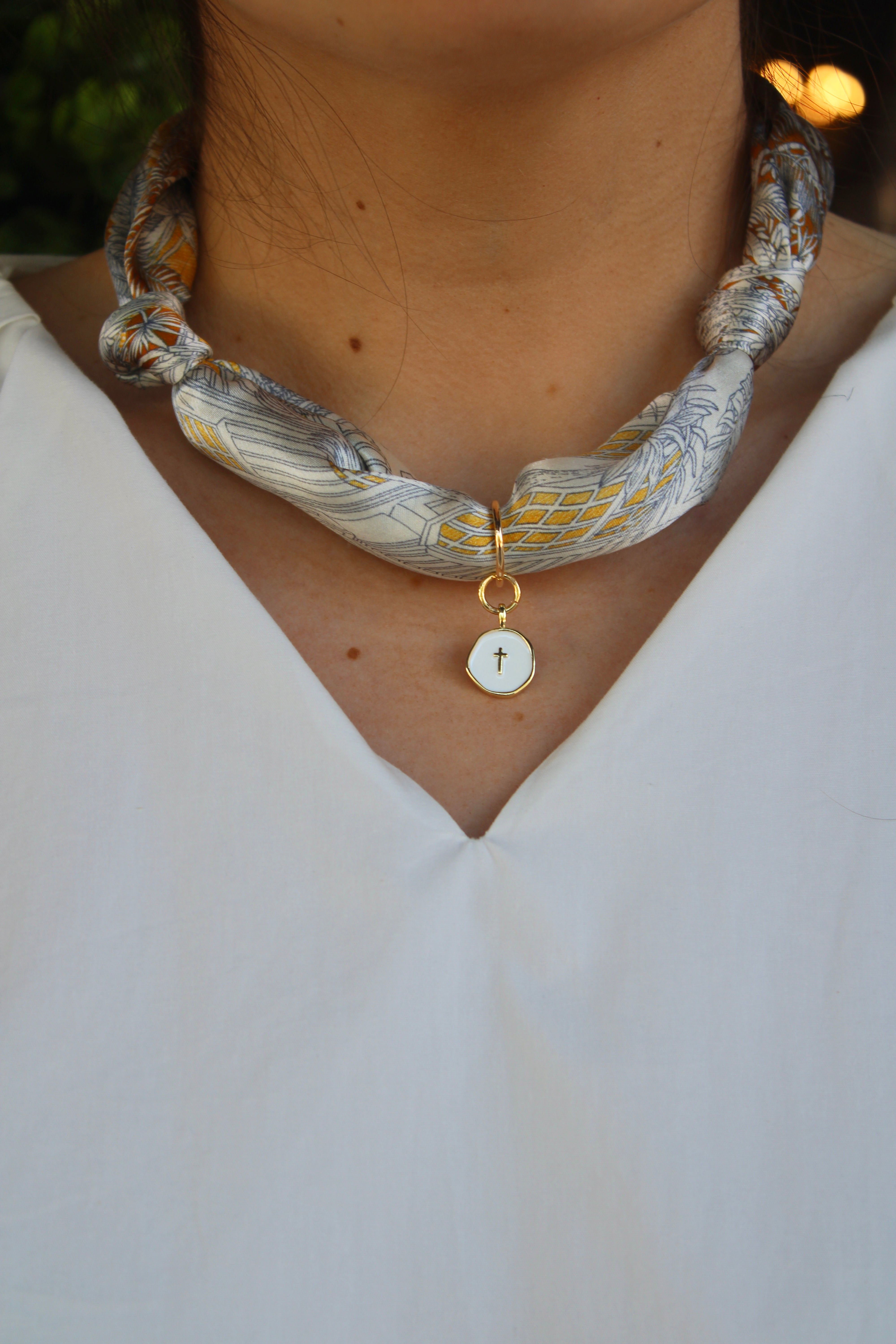 Gold Silk Scarf Necklace (Little Cross Charm)