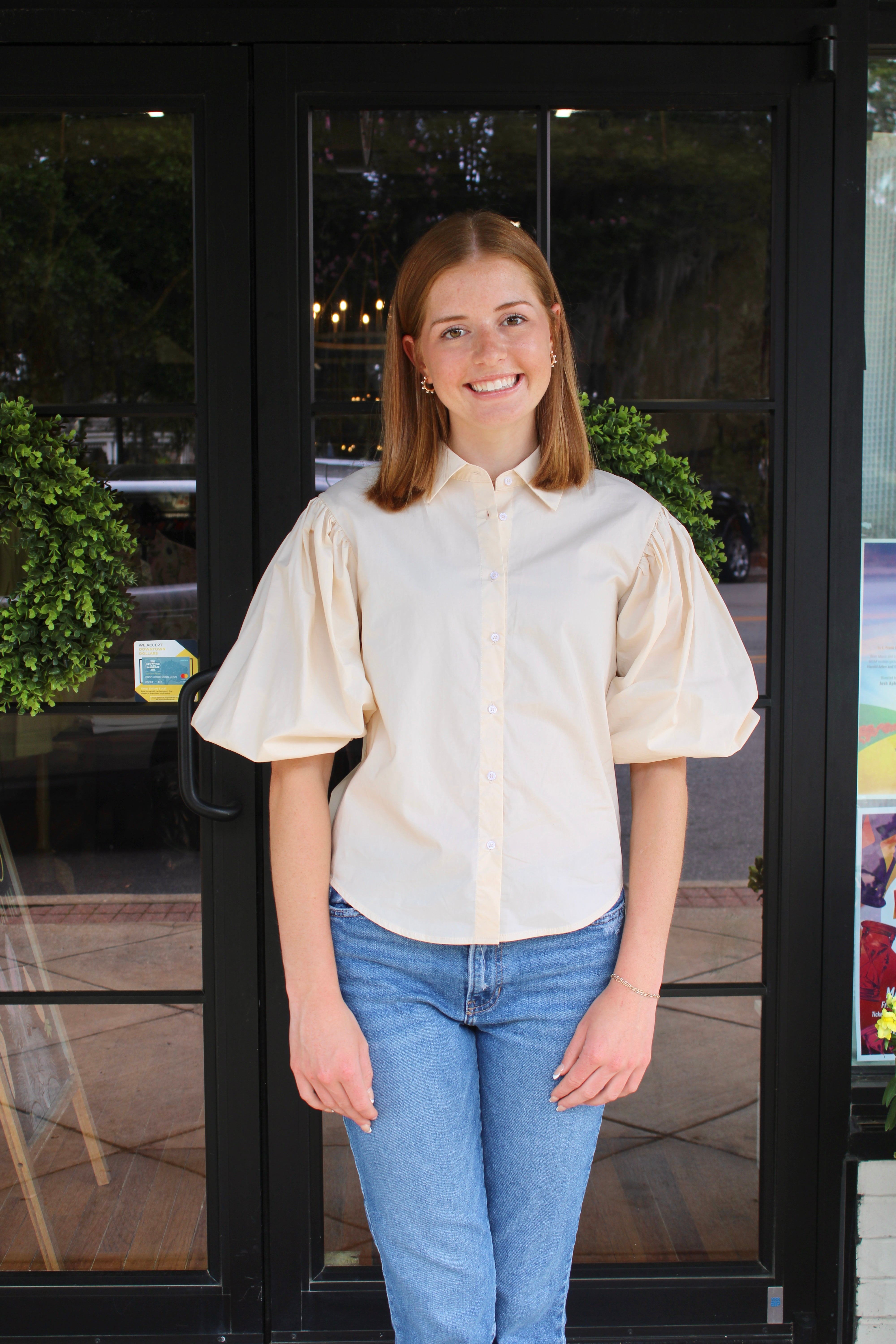 Karlie - Solid Poplin Button Top (Cream)