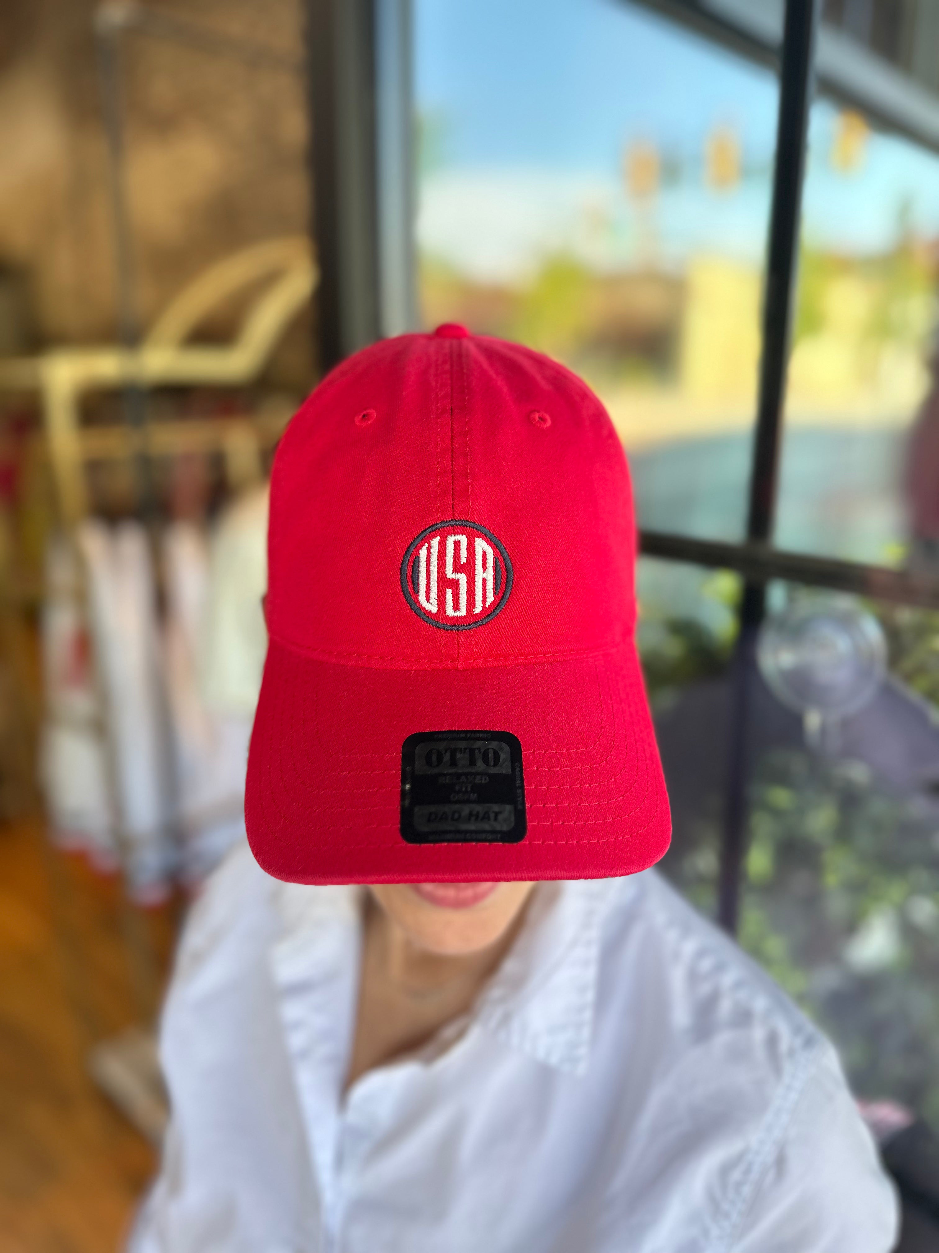 USA Dad Hat - Red with Navy Frame