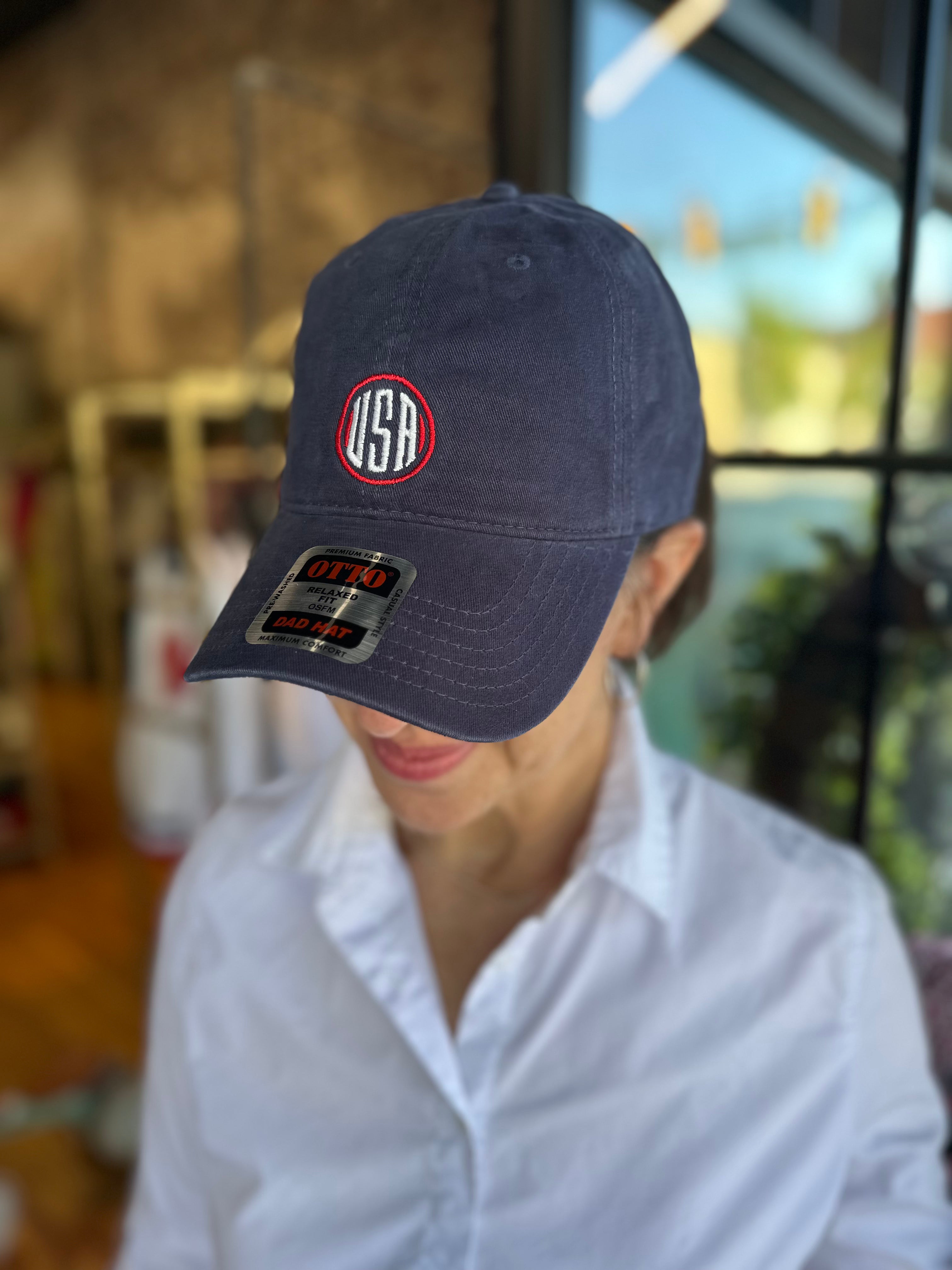 USA Dad Hat - Navy with Red Frame