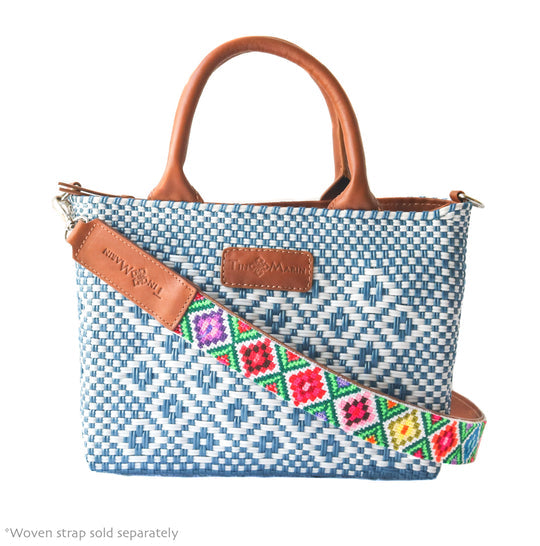 MAI Woven Bag Strap - Blue & Pink with Black Leather | Tin Marin