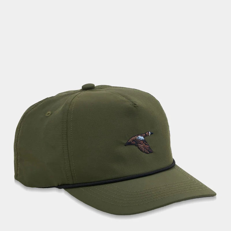 Green cap with a duck emblem on a light gray background