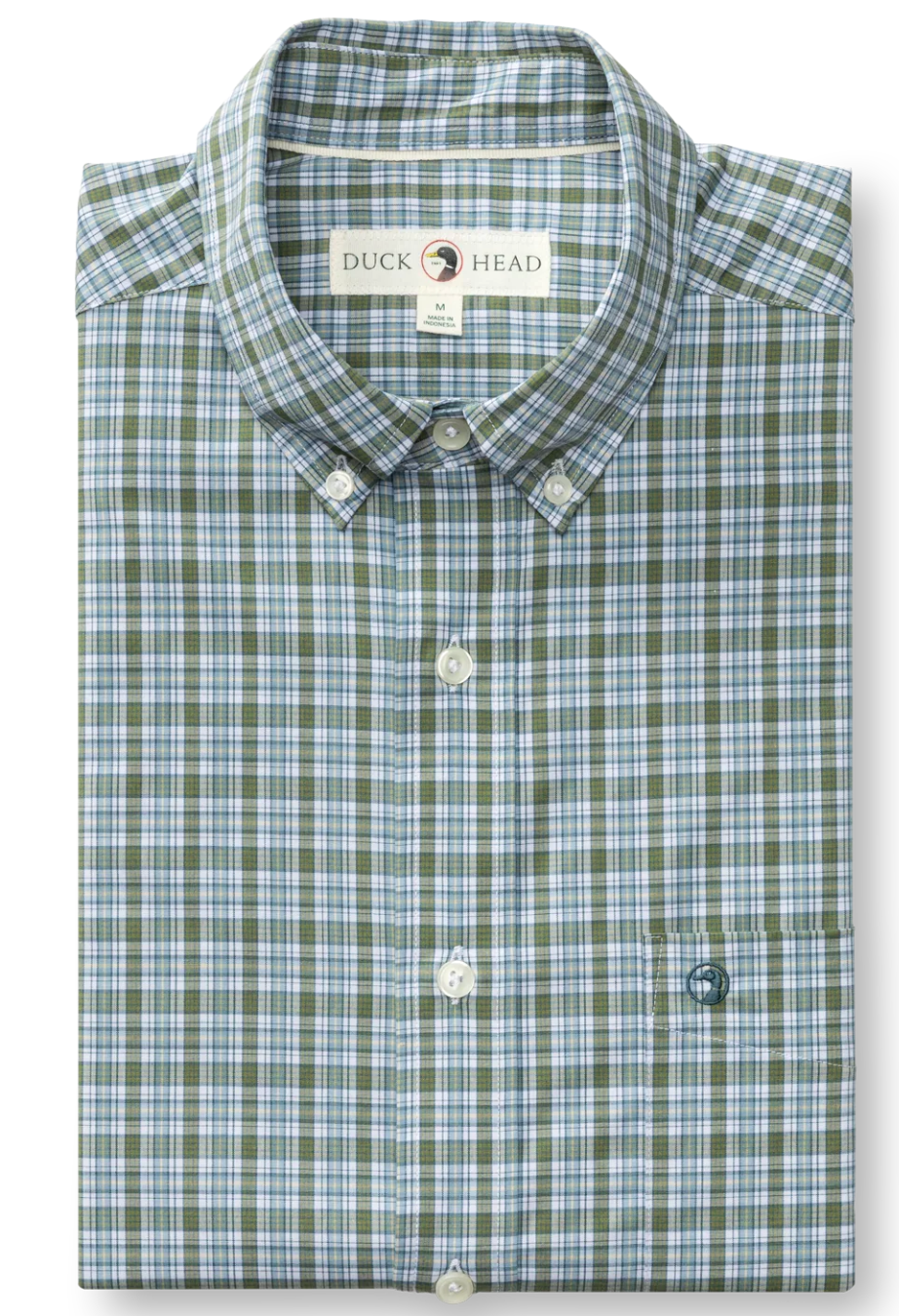 A folded long-sleeve button-down shirt by Duck Head, featuring a green and blue plaid pattern with white buttons and a pointed collar.