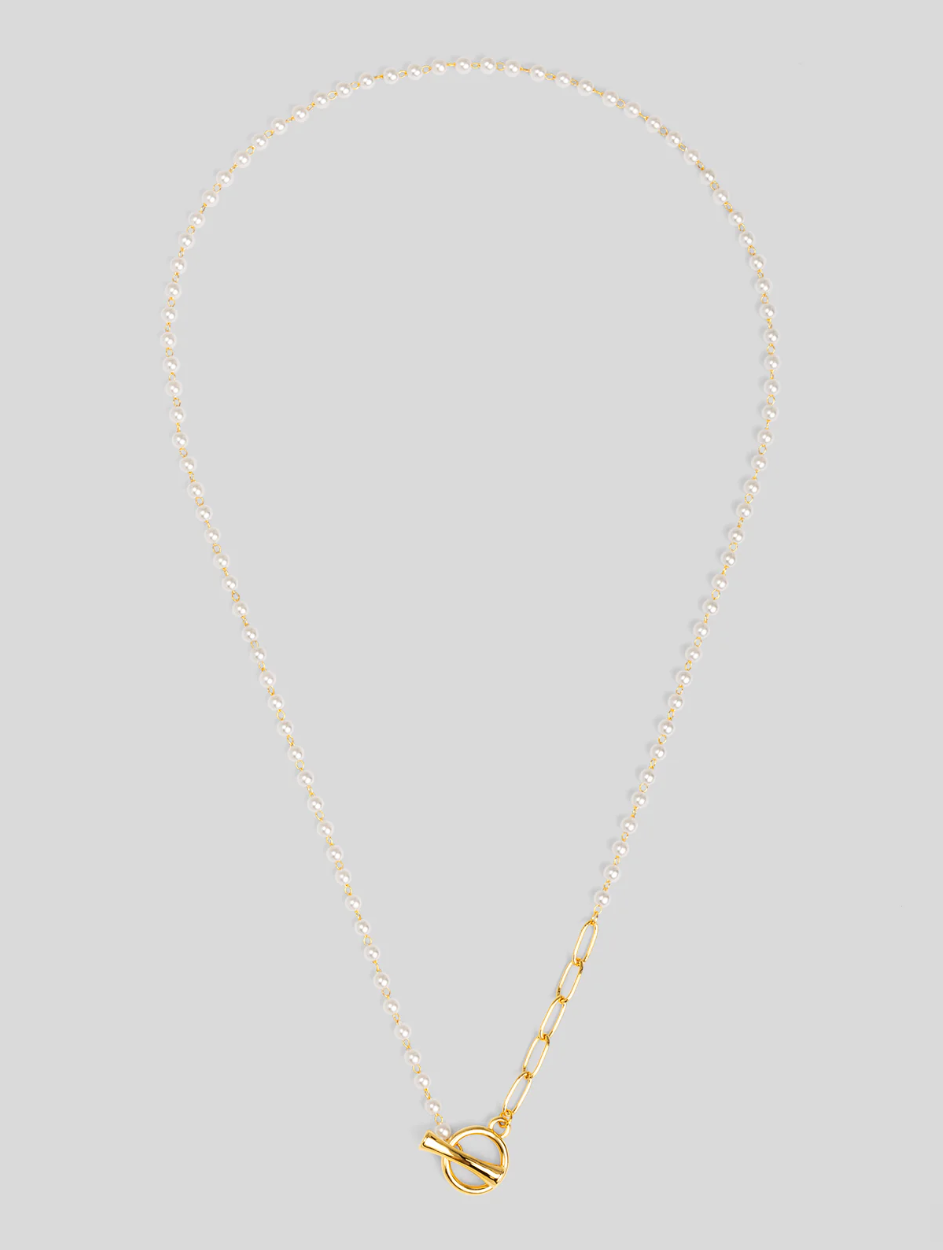Vioroo Petite Pearl Link Toggle Necklace - Gold