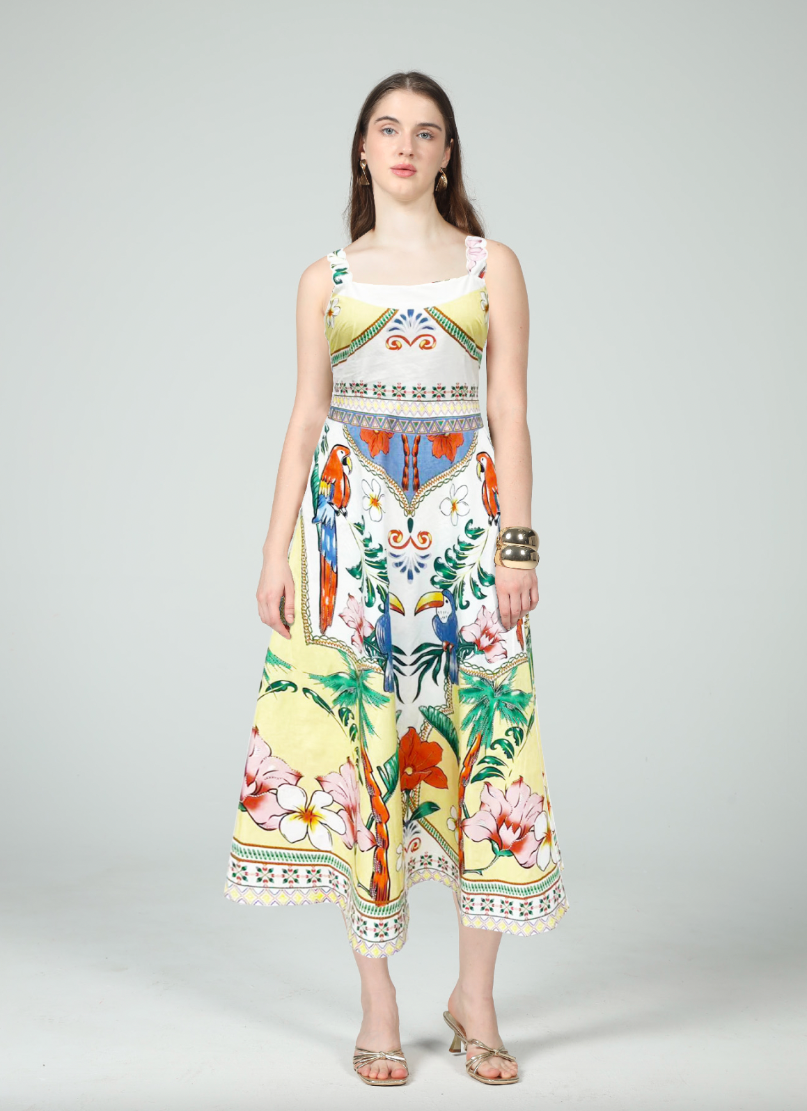 Aylaya - Mariah Tropical Print Embroidery Straps Midi Dress