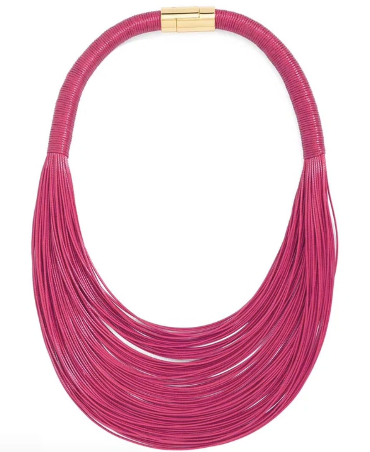 A multi-strand statement necklace in a vibrant magenta pink, featuring a gold-tone clasp at the top, displayed on a clean white background.