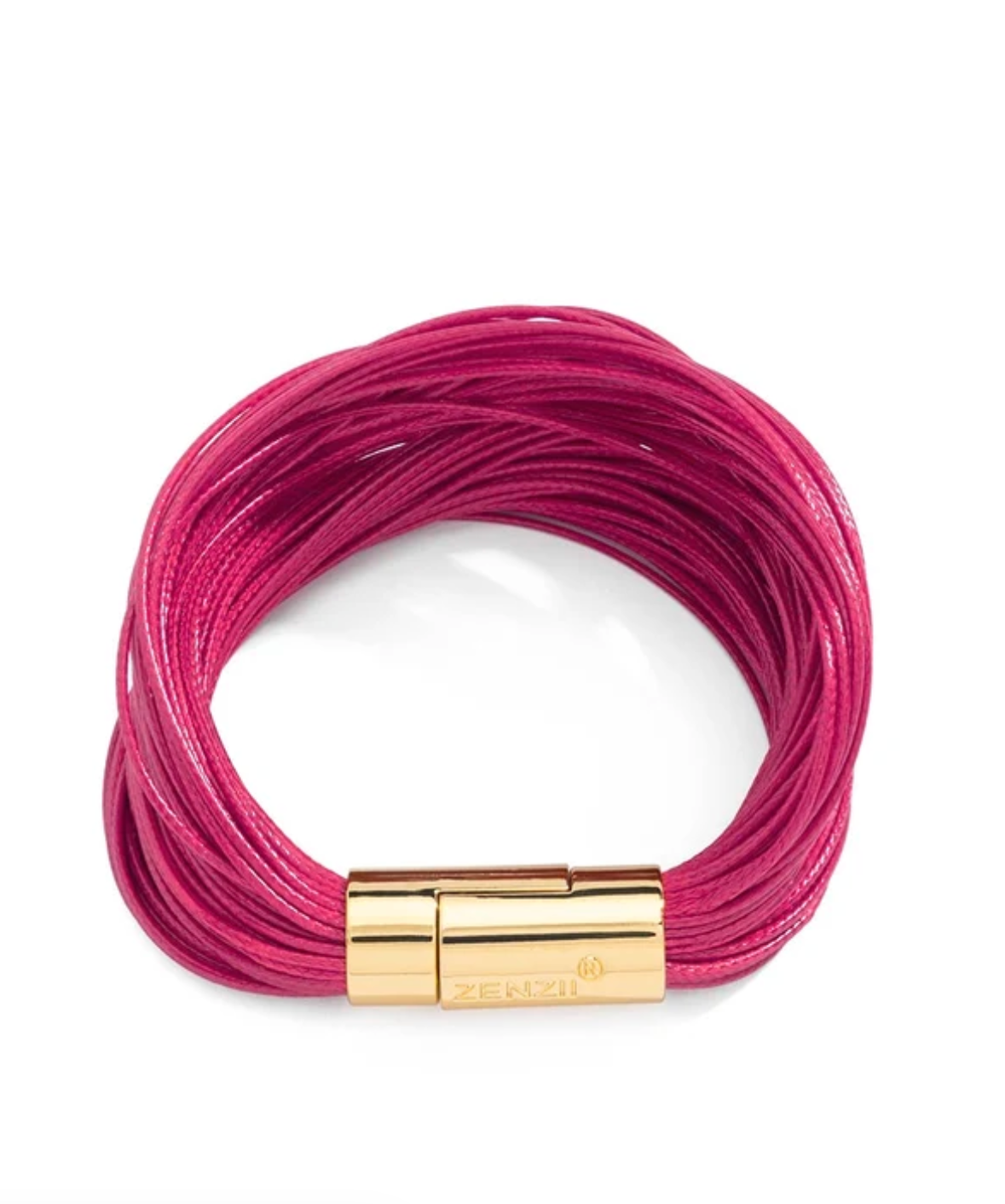 A multi-strand magenta pink cord bracelet with a polished gold magnetic clasp, shown on a clean white background.