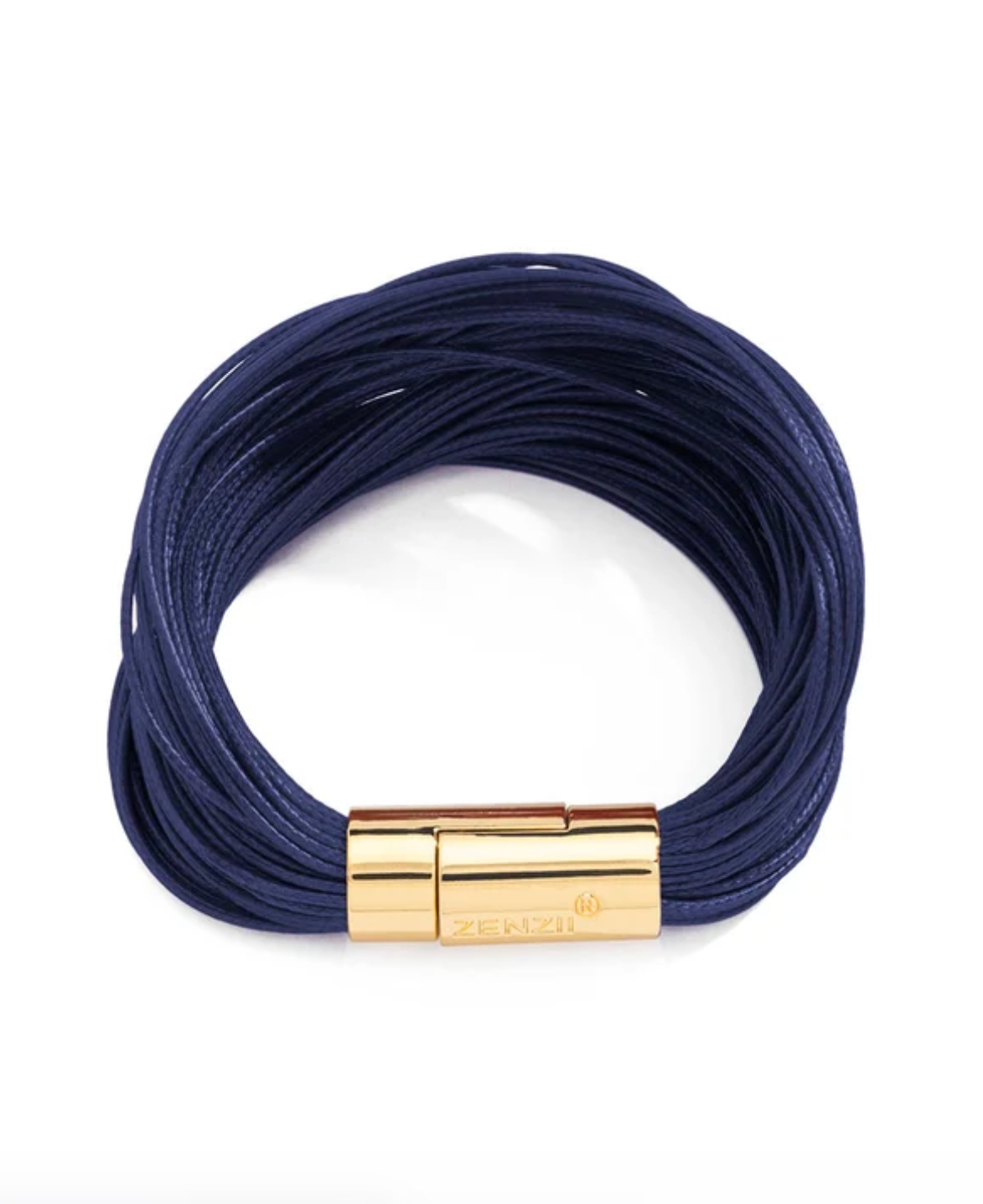 A multi-strand navy blue cord bracelet with a polished gold magnetic clasp, shown on a clean white background.