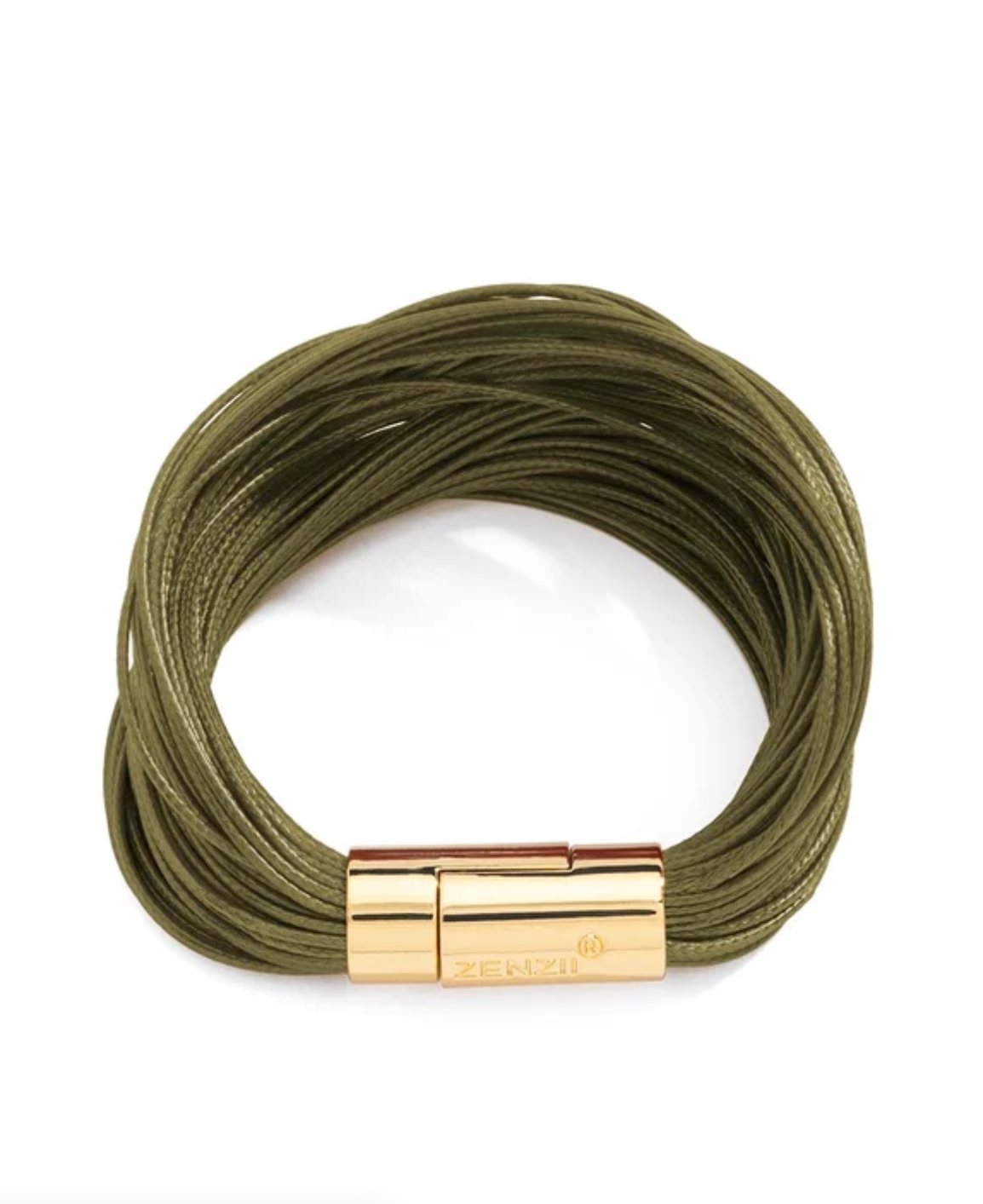 An olive green multi-strand cord bracelet with a polished gold-tone magnetic clasp engraved with the brand name 'ZENZO', shown on a clean white background.