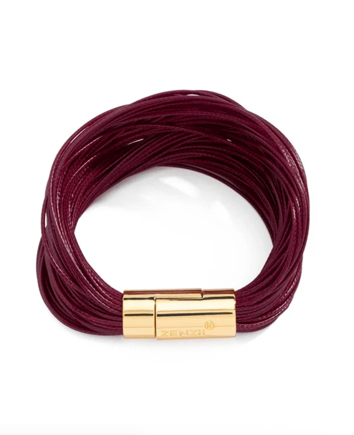 A multi-strand burgundy leather bracelet with a polished gold magnetic clasp, shown on a clean white background. The brand name 'ZENZO' is engraved on the clasp.