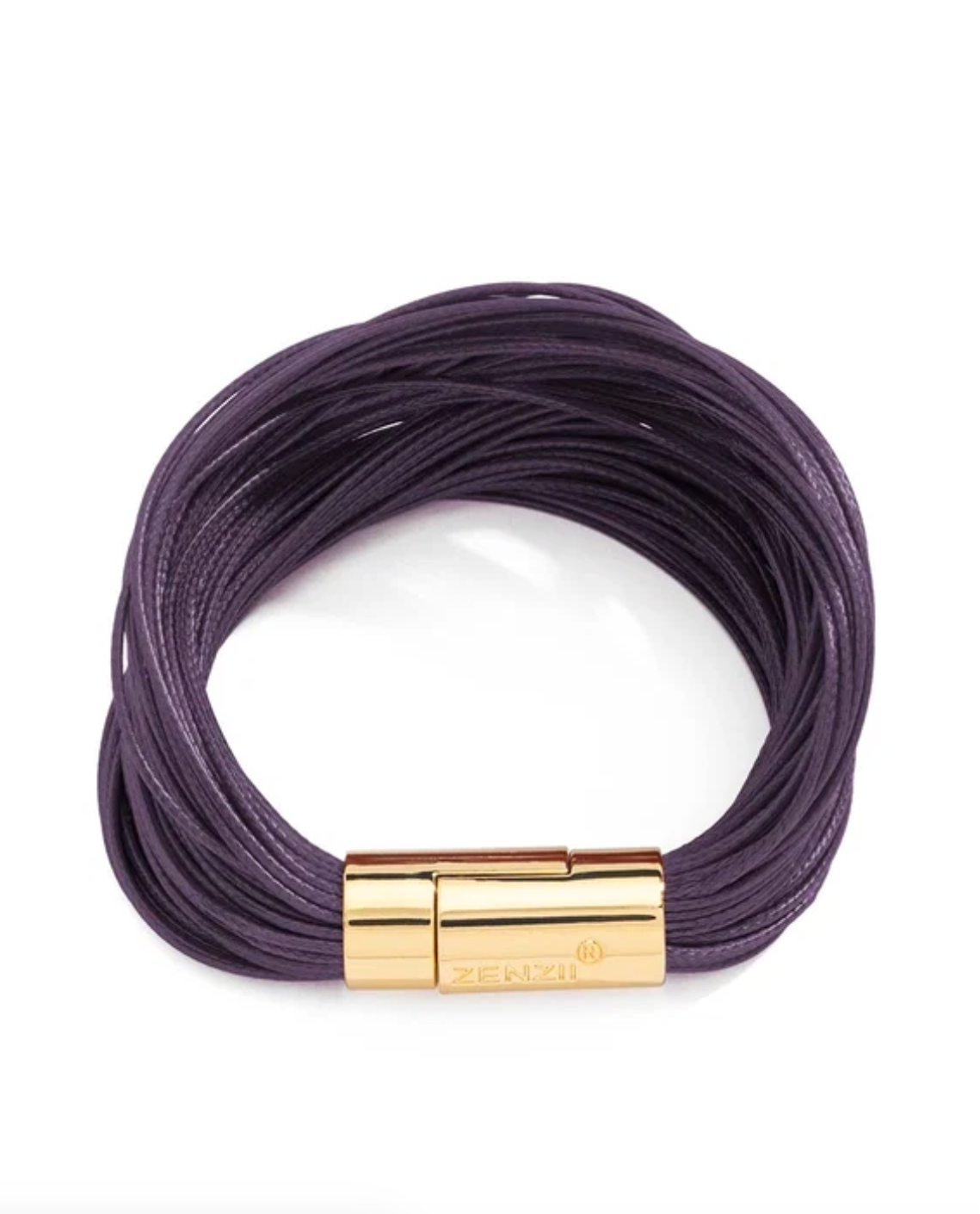 A multi-strand purple cord bracelet with a polished gold magnetic clasp, shown on a clean white background.