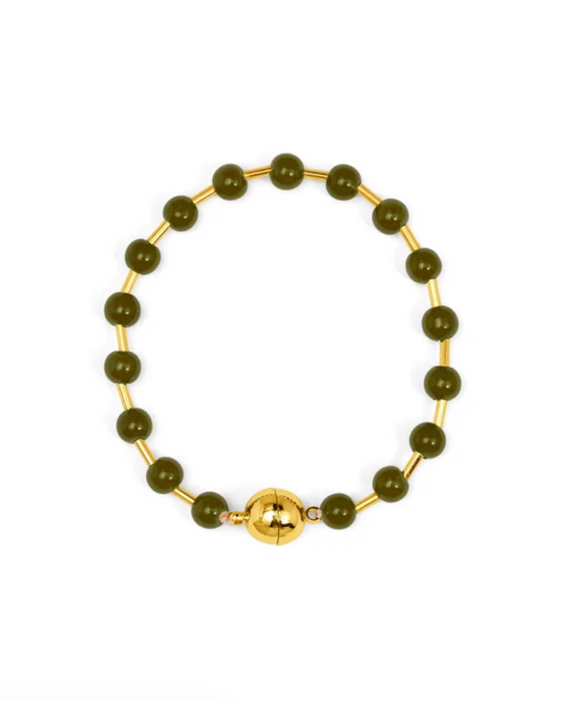 A beaded bracelet featuring olive green round beads spaced along a gold-tone metal band, with a larger polished gold sphere accent at the front, set against a plain white background.