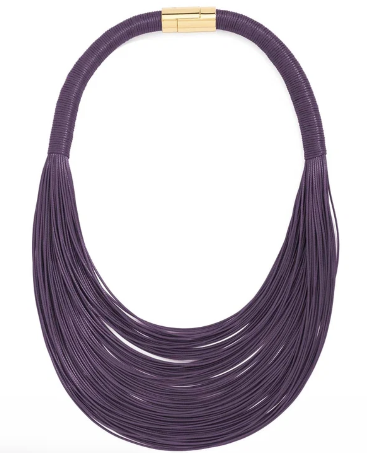 A multi-strand statement necklace in a deep purple color, featuring a gold-tone rectangular clasp at the top, shown against a plain white background.