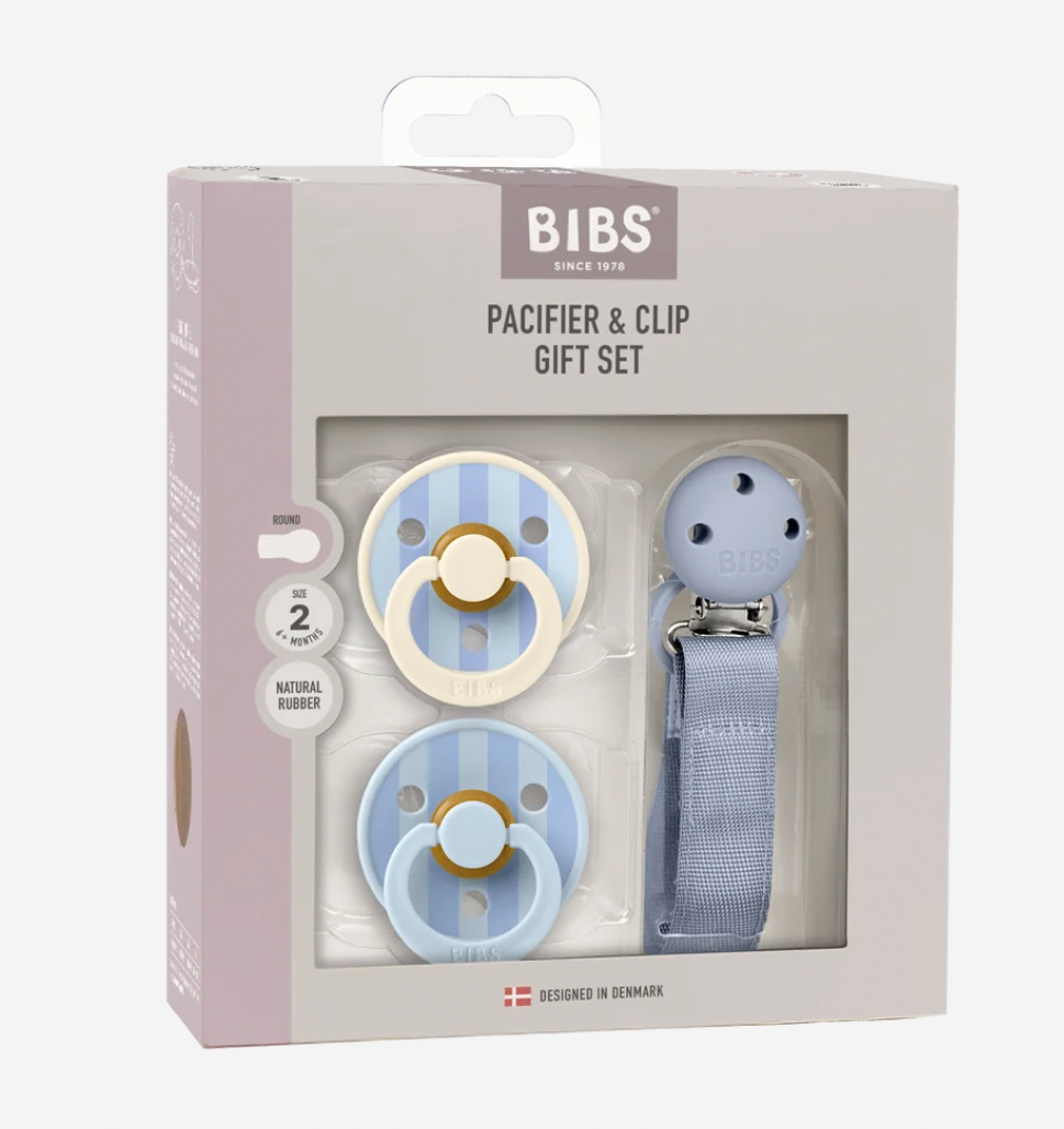 Blue Stripe Pacifier and Blue Loop Clip Gift Set. Latex Nipple. Size 1.
