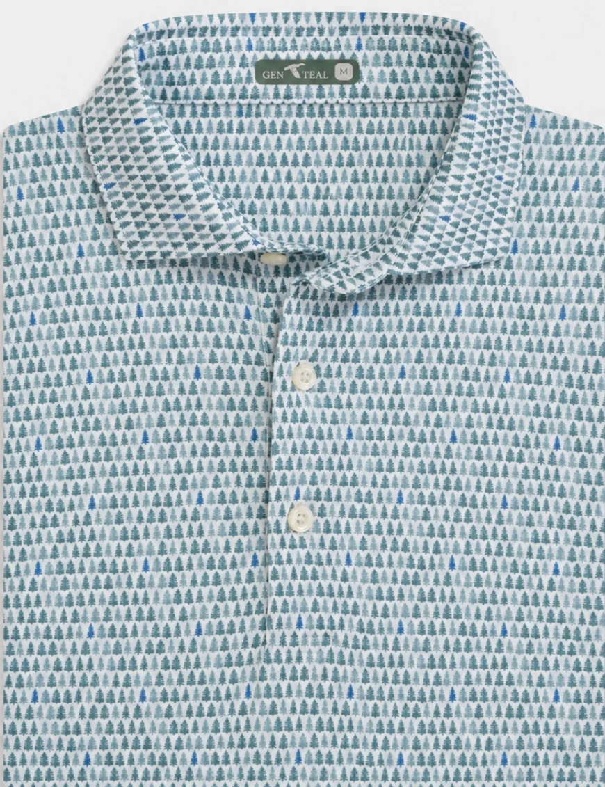 Close up of timberline polo with green and blue Christmas trees