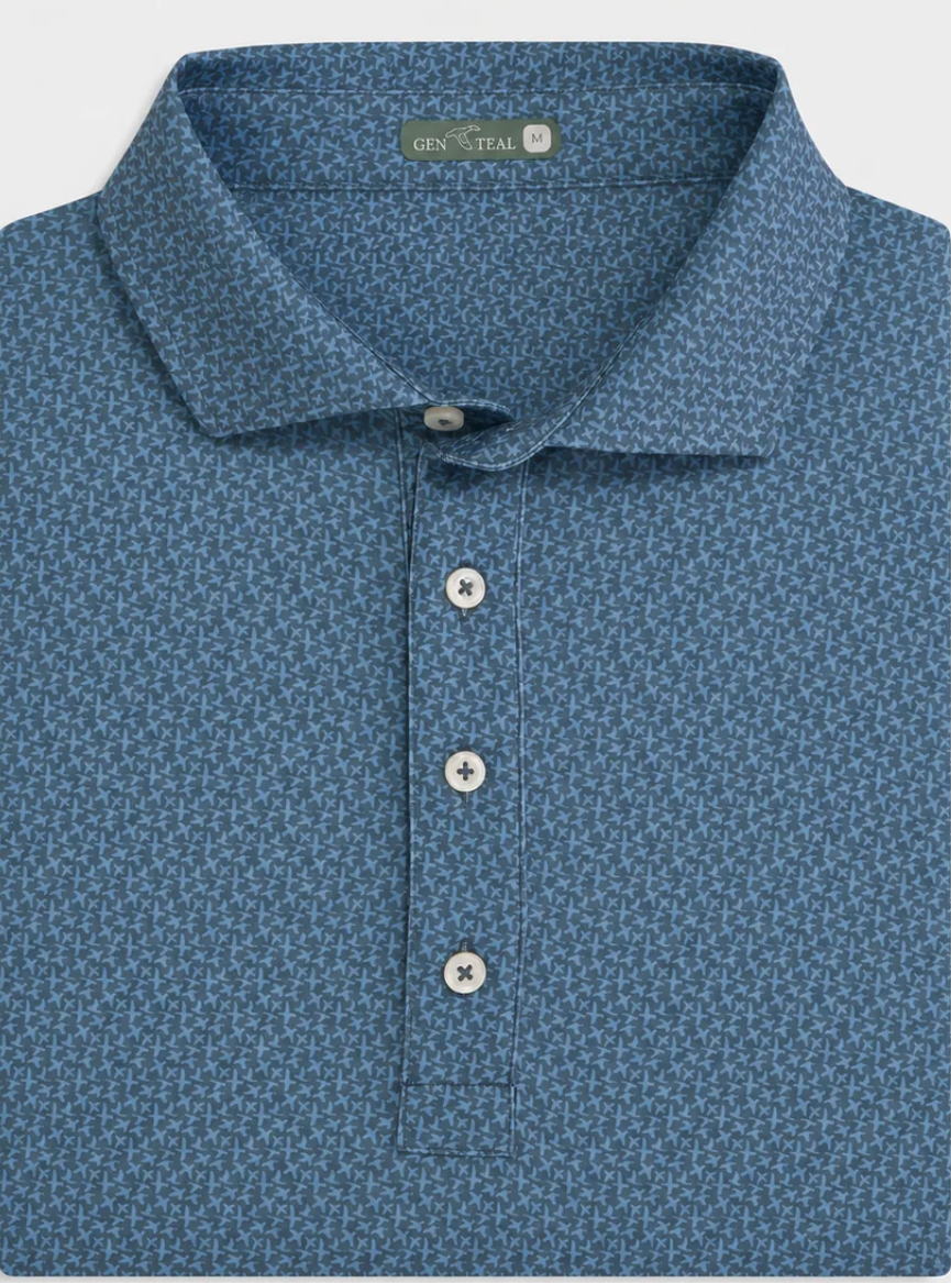 Dark blue polo with light blue bird outlines. Polo is against a white background