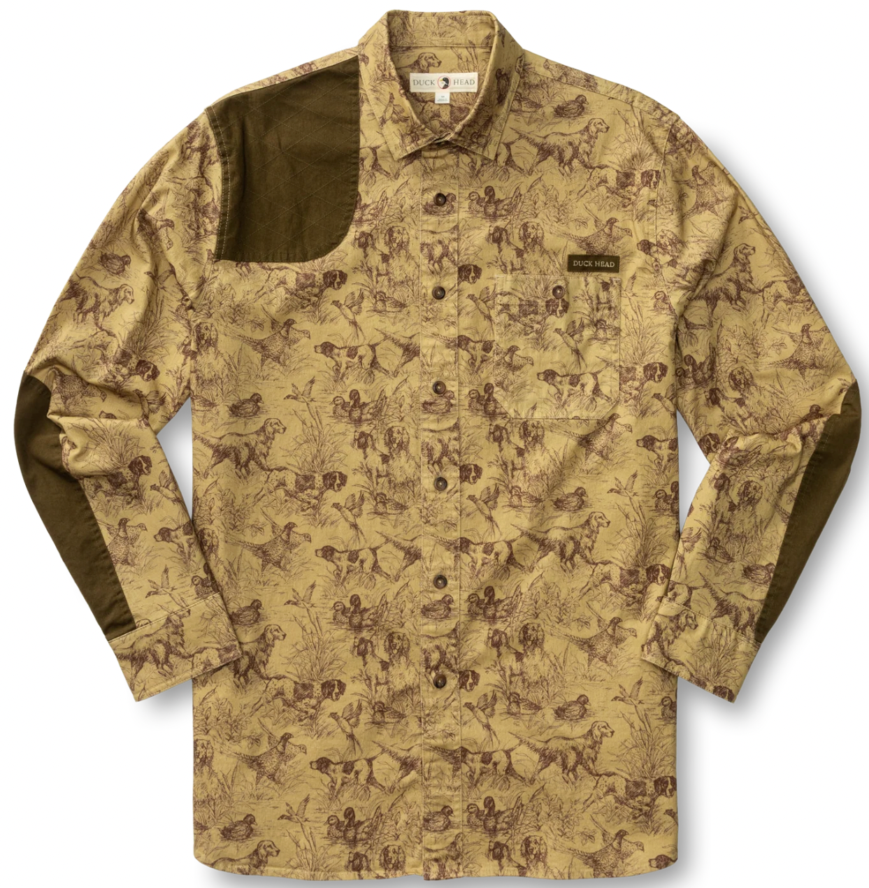 A long-sleeve button-up shirt by Duck Head with a tan and brown dog hunting pattern, featuring solid dark brown contrast panels on the shoulders and sleeves, displayed on a clean white background.