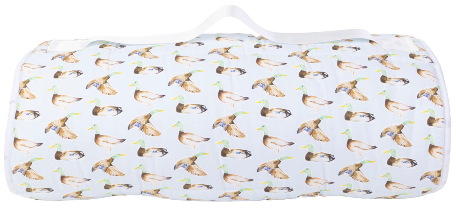 A nap mat rolled up with a white handle, featuring a repeating pattern of mallards in brown, beige, and blue on a white background.