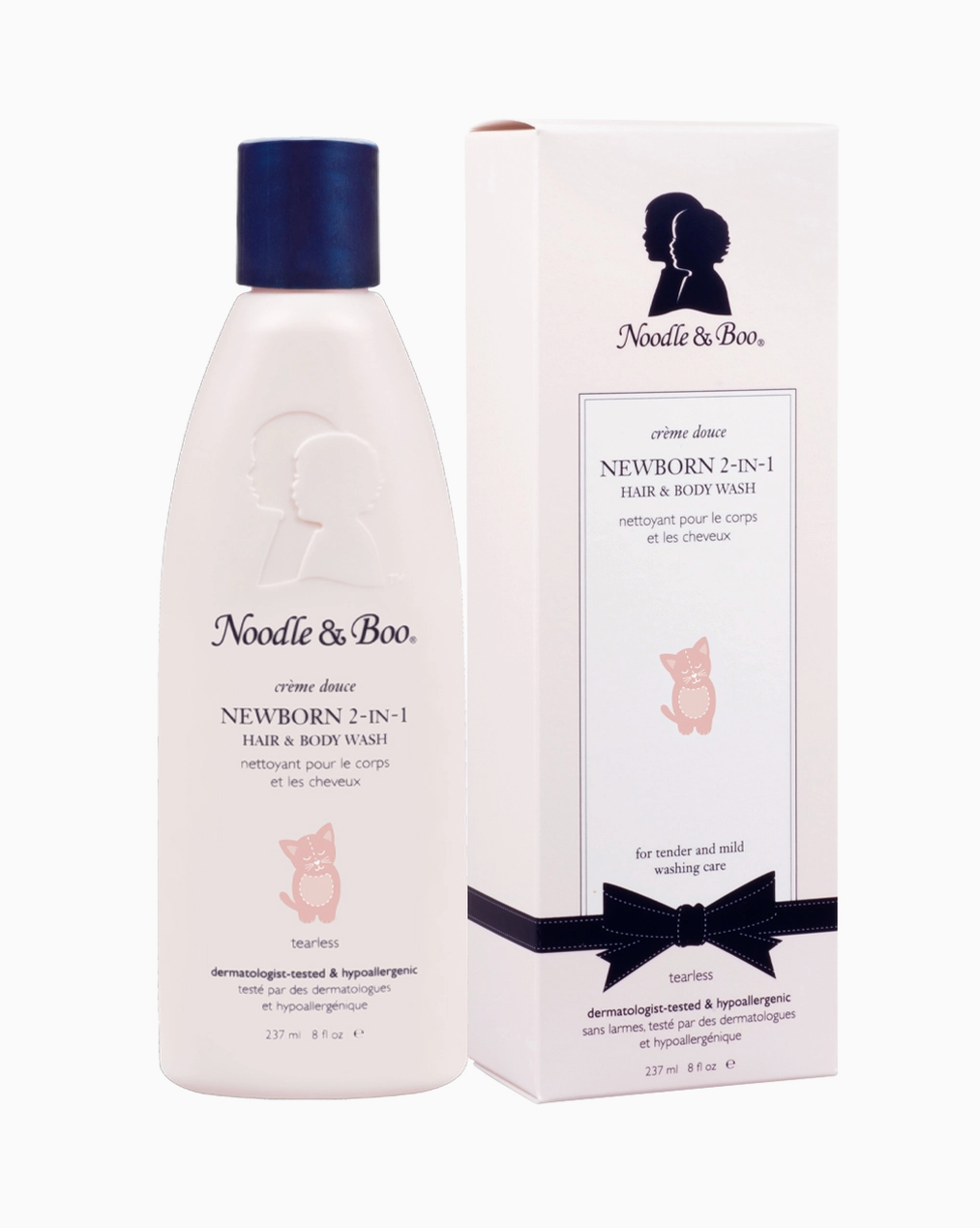 Noodle & Boo. newborn 2-in-1 hair and body wash bottle and its retail box, featuring a white bottle and box with a dark blue cap and a black ribbon graphic.