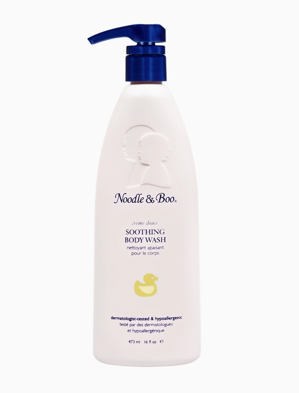 Noodle & Boo Soothing Body Wash in a 473 ml (16.8 fl oz) white pump bottle with a dark blue cap and a small yellow duck graphic on the front, set against a plain white background.