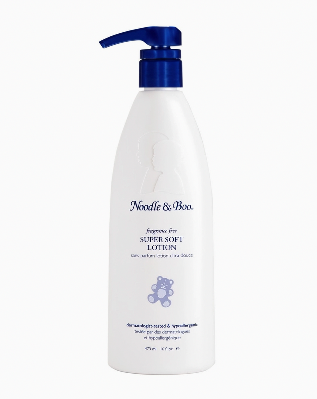 A white bottle of Noodle & Boo Fragrance for Super Soft Lotion with a dark blue pump dispenser, shown against a plain white background.