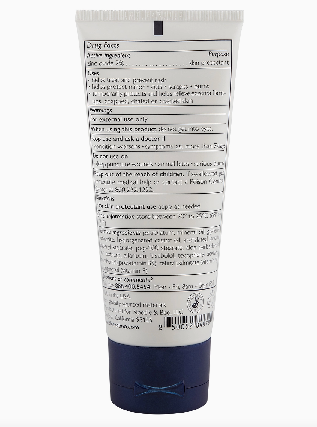 The back of a white squeeze tube of skin protectant with a dark blue cap, showing the detailed Drug Facts label on a white background.