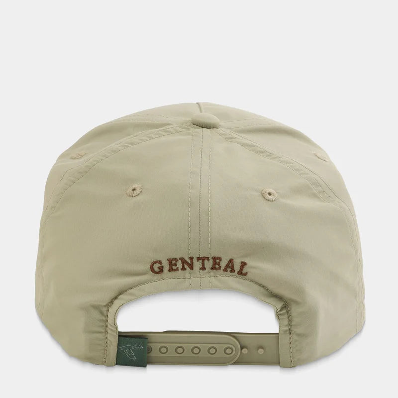 Beige cap with 'GENTEAL' branding on a light gray background