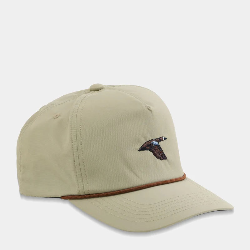 Beige cap with a small duck emblem on a light gray background