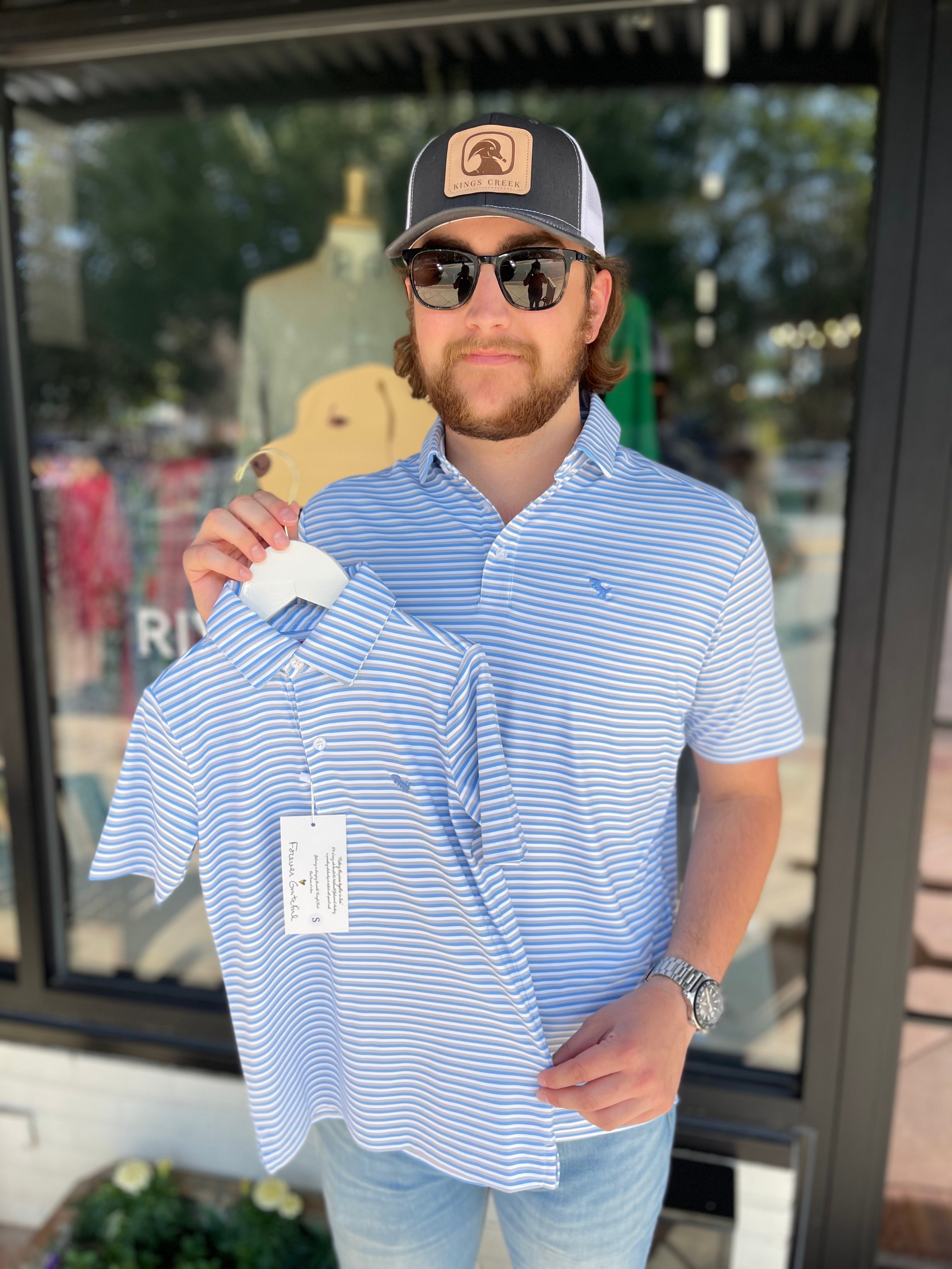AutiLove Youth Performance Polo - Light Blue, Gray, White Stripe